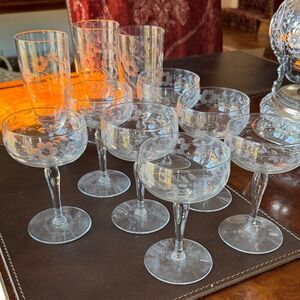 Vintage Rare Elegant Etched Coupe Glassware Set